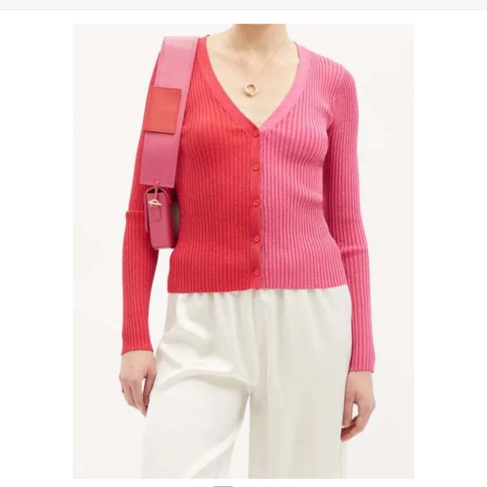 STAUD Pink and Red Ribbed Cardigan